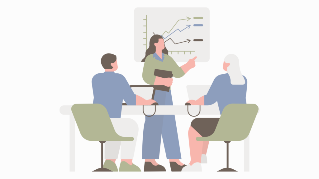Graphic of woman showing colleagues a chart